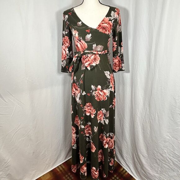 Mother Bee Dresses & Skirts - Mother Bee Maternity Green Pink Floral Maxi Dress Soft Stretchy Belted Size Med